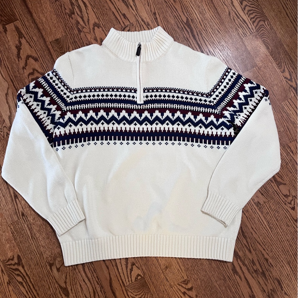 Vintage IZOD Fair Isle Quarter Zip Sweater  Fisherman Chunky Knit Heritage Men L